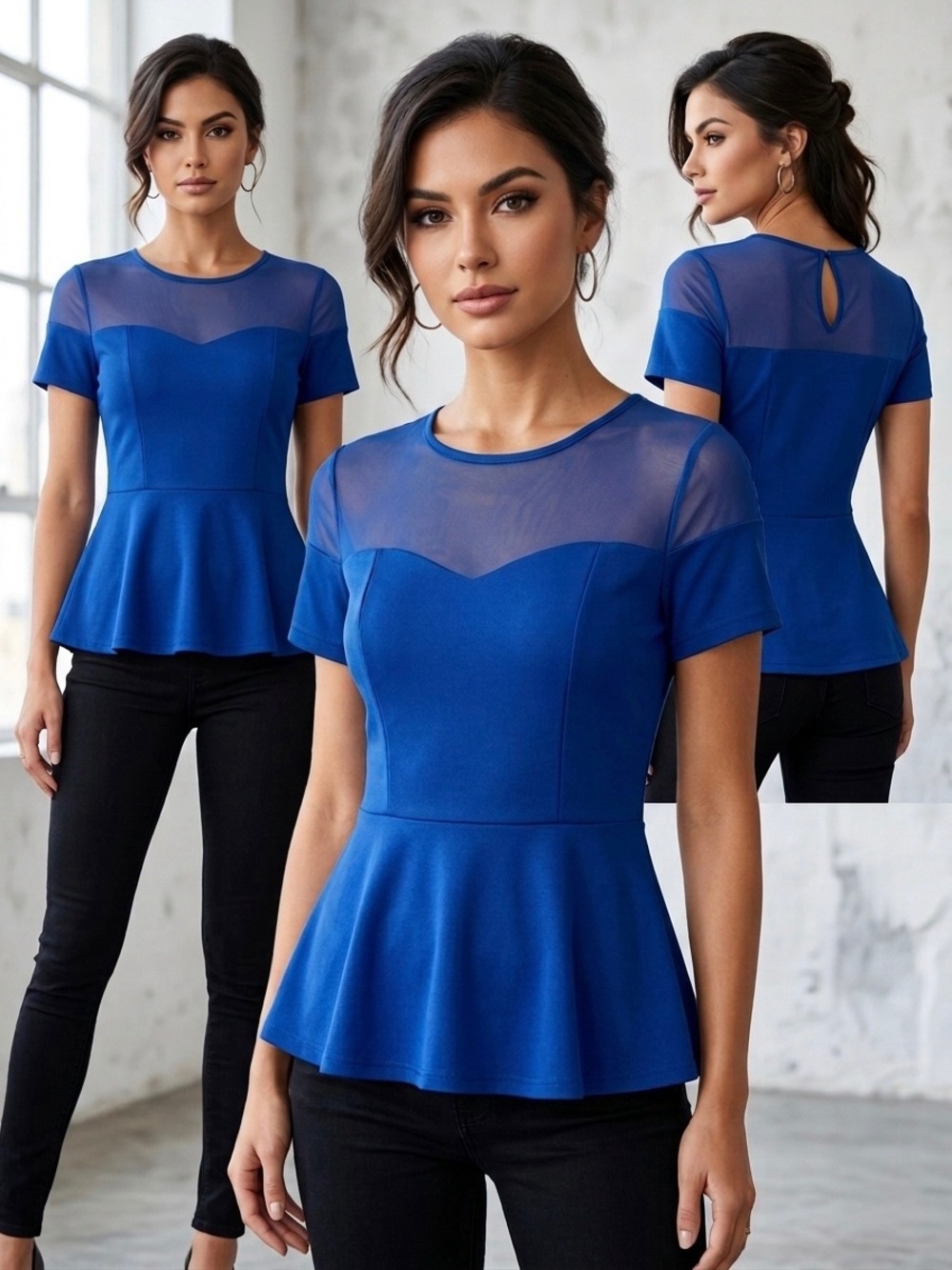 Blue Women's Peplum Top with Mesh Yoke